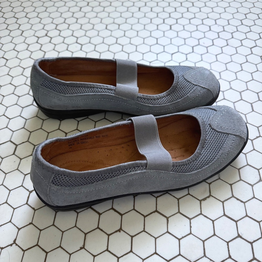 Womens Grey Suede Mesh Mary Jane Ballet Sneakers Flats Elastic Strap Size 9